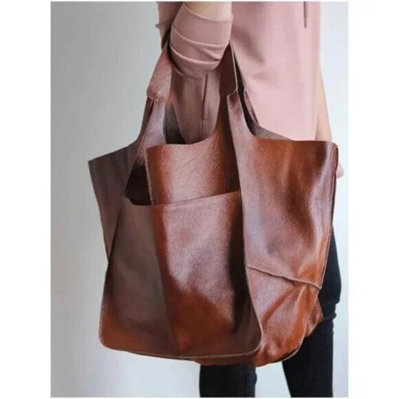 Luxe Vegan Leather Minimalist Oversized Tote Bag - Picture 9 of 11